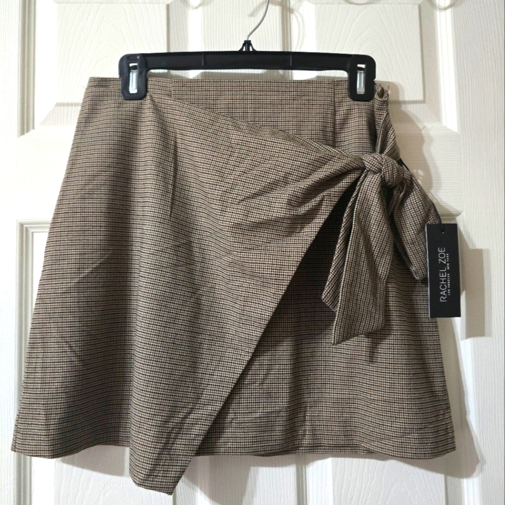 NWT Rachel Zoe Faux Wrap Side Tie Brown Check Plaid Mini Skirt, Lined, Size 6.